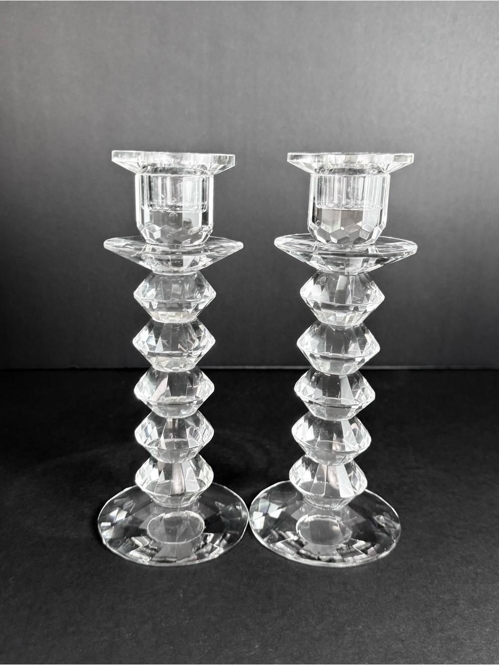 Vintage Hand Cut Crystal 8” Tall Diamond Crystal Taper Candle Holders Pair MCM